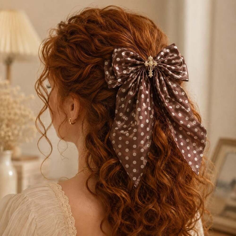 Coquette Brown Polka Dot Satin Cross Hair Bow Clip